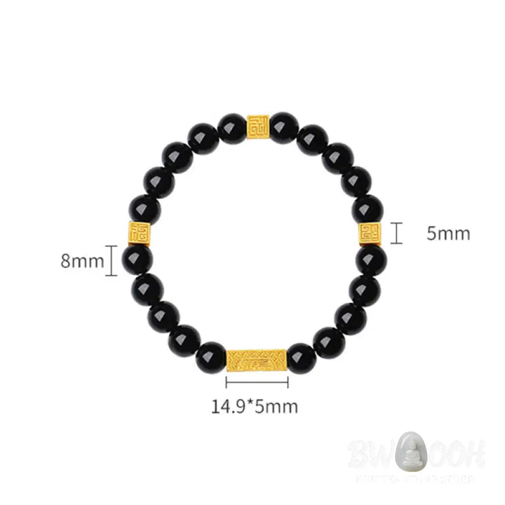 Buddha Stones Black Obsidian 925 Sterling Silver Fu Character Cube Strength Bracelet - BWOOOH - Bracelet