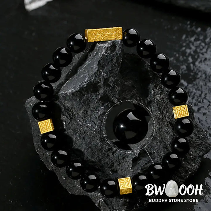 Buddha Stones Black Obsidian 925 Sterling Silver Fu Character Cube Strength Bracelet - BWOOOH - Bracelet