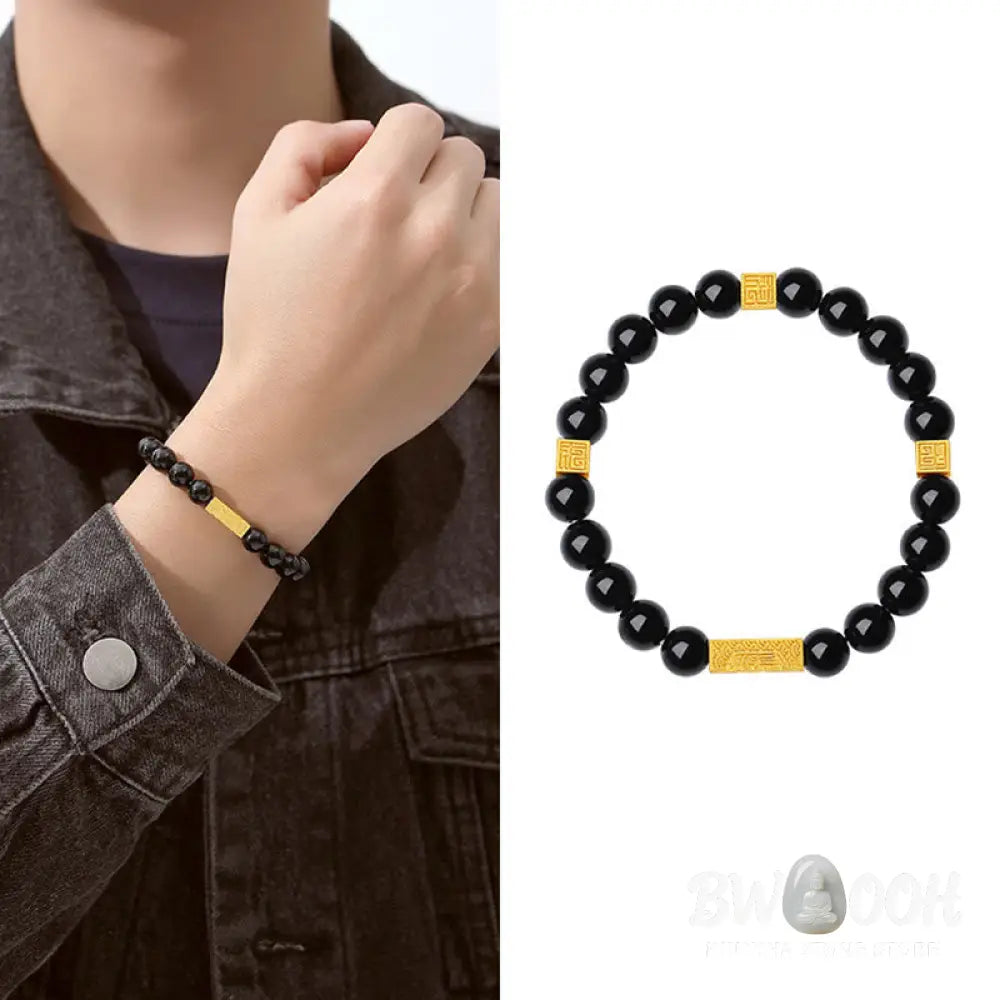 Buddha Stones Black Obsidian 925 Sterling Silver Fu Character Cube Strength Bracelet - BWOOOH - Bracelet