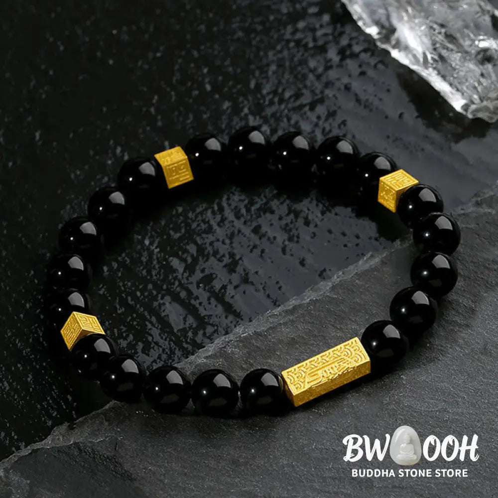 Buddha Stones Black Obsidian 925 Sterling Silver Fu Character Cube Strength Bracelet - BWOOOH - Bracelet