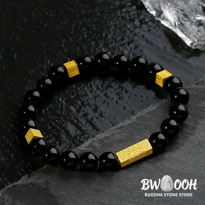Buddha Stones Black Obsidian 925 Sterling Silver Fu Character Cube Strength Bracelet - BWOOOH - Bracelet
