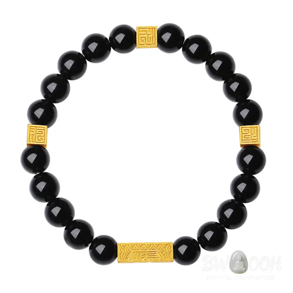 Buddha Stones Black Obsidian 925 Sterling Silver Fu Character Cube Strength Bracelet - BWOOOH - Bracelet