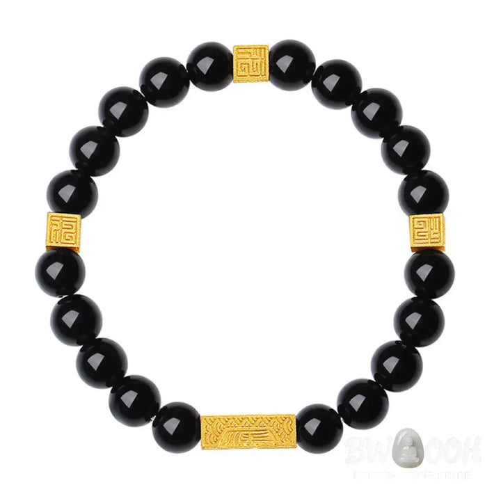 Buddha Stones Black Obsidian 925 Sterling Silver Fu Character Cube Strength Bracelet - BWOOOH - Bracelet