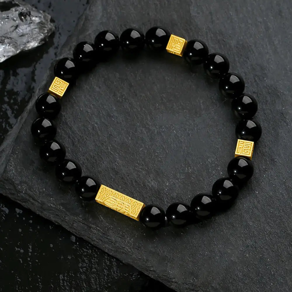 BWOOOH Black Obsidian 925 Sterling Silver Fu Character Cube Strength Bracelet - BWOOOH - Black Obsidian