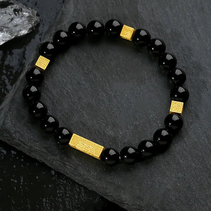 BWOOOH Black Obsidian 925 Sterling Silver Fu Character Cube Strength Bracelet - BWOOOH - Black Obsidian