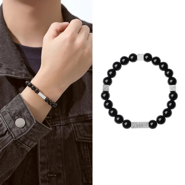 Buddha Stones Black Obsidian 925 Sterling Silver Fu Character Cube Strength Bracelet - BWOOOH - Black Obsidian