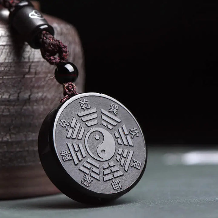 BWOOOH Black Obsidian Bagua Yin Yang Strength Necklace Pendant — 50×10mm black obsidian disc pendant for purification, transformation, and protection