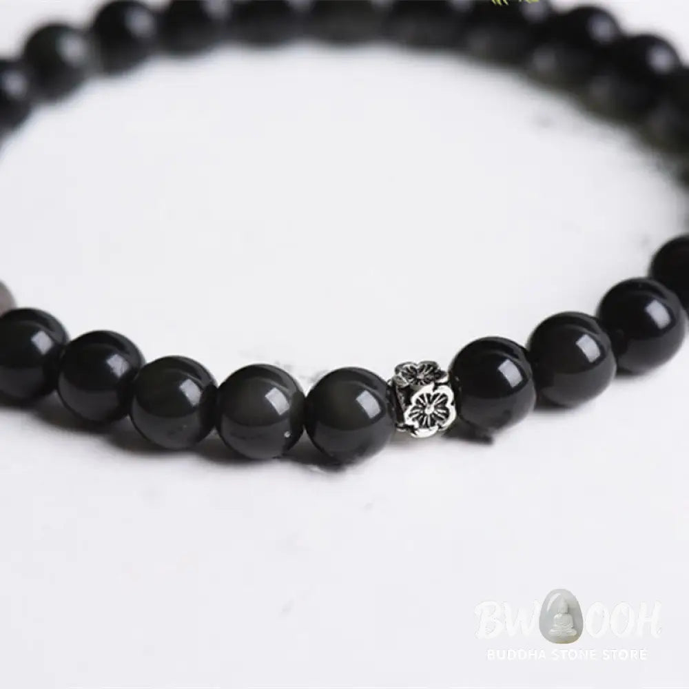 Buddha Stones Black Obsidian Bead 925 Sterling Silver Flower Design Purification Bracelet - BWOOOH - Black