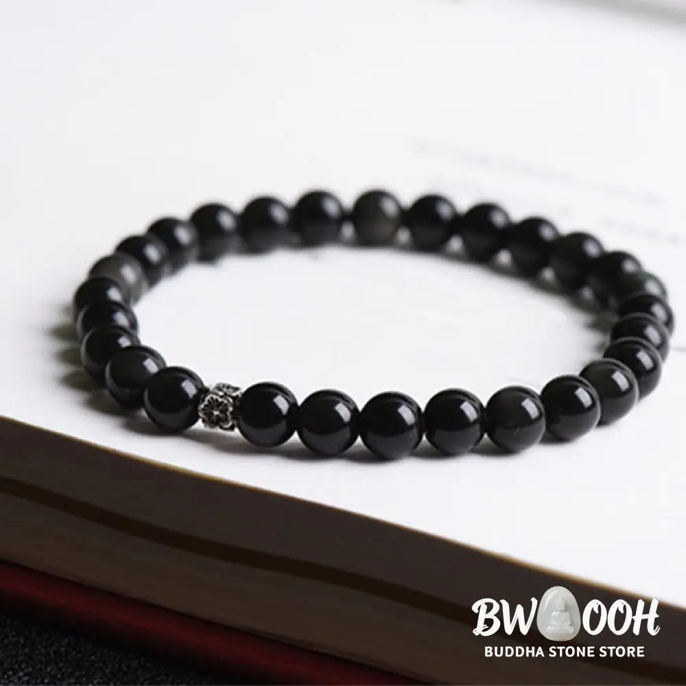 Buddha Stones Black Obsidian Bead 925 Sterling Silver Flower Design Purification Bracelet - BWOOOH - Black