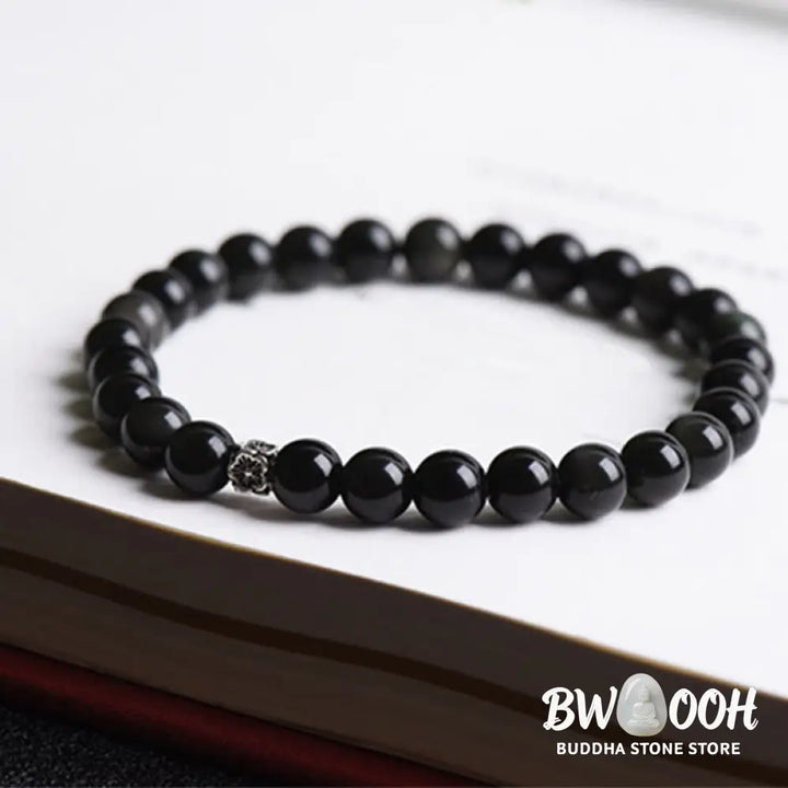 Buddha Stones Black Obsidian Bead 925 Sterling Silver Flower Design Purification Bracelet - BWOOOH - Black