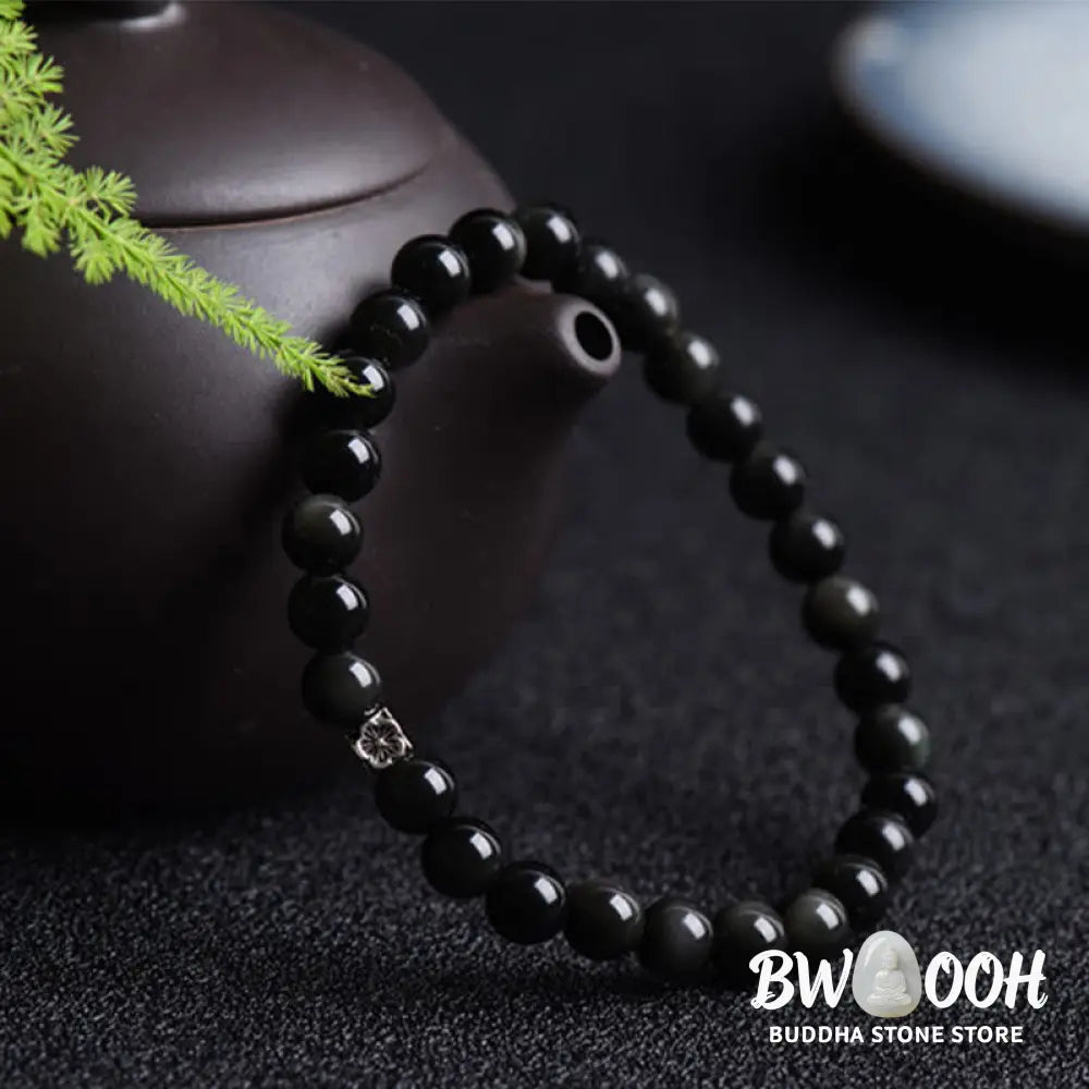 Buddha Stones Black Obsidian Bead 925 Sterling Silver Flower Design Purification Bracelet - BWOOOH - Black