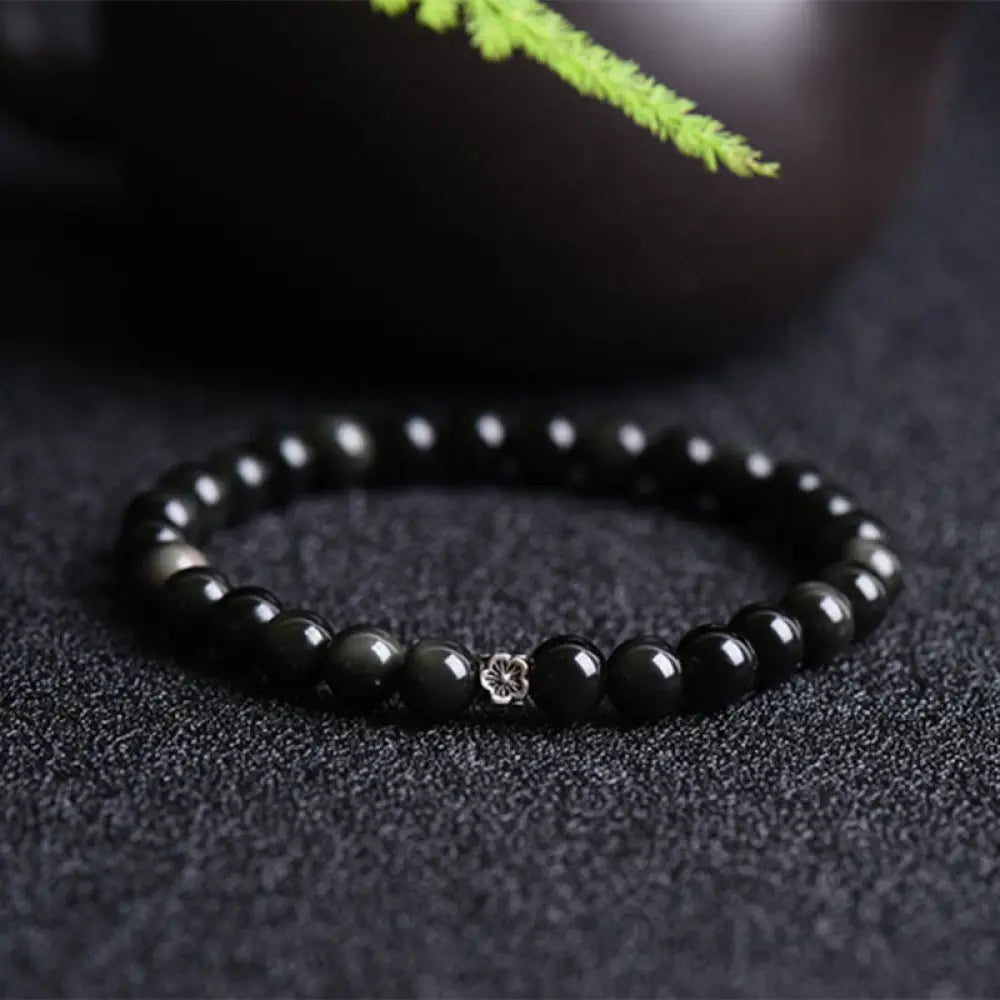 BWOOOH Black Obsidian Bead 925 Sterling Silver Flower Design Purification Bracelet - BWOOOH - Black