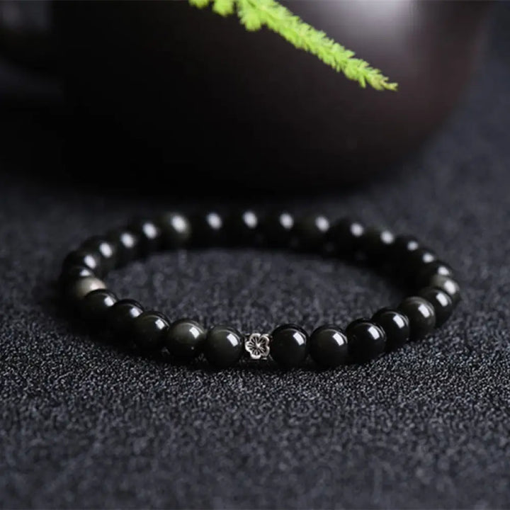 BWOOOH Black Obsidian Bead 925 Sterling Silver Flower Design Purification Bracelet - BWOOOH - Black