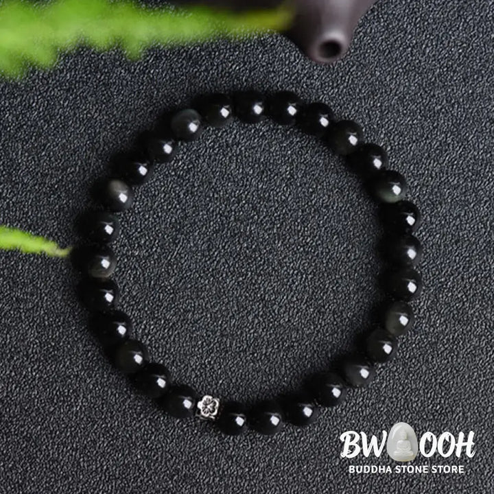 Buddha Stones Black Obsidian Bead 925 Sterling Silver Flower Design Purification Bracelet - BWOOOH - Black