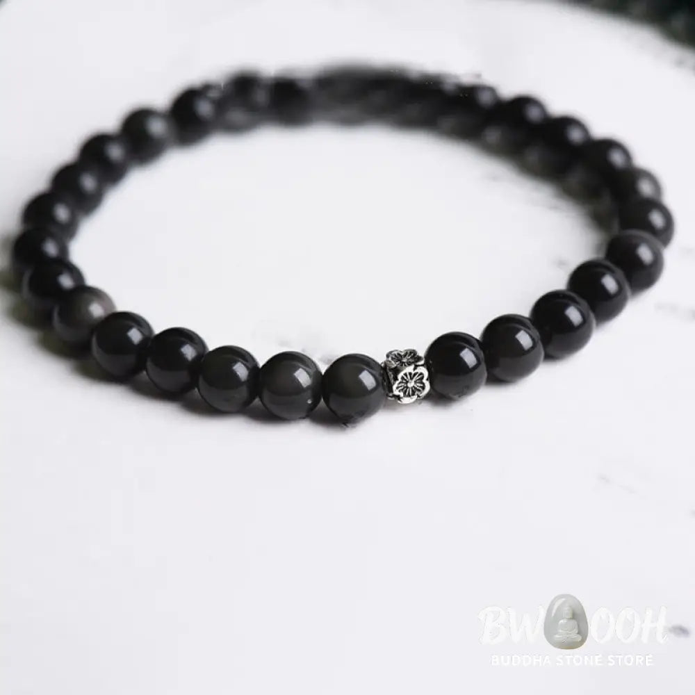Buddha Stones Black Obsidian Bead 925 Sterling Silver Flower Design Purification Bracelet - BWOOOH - Black