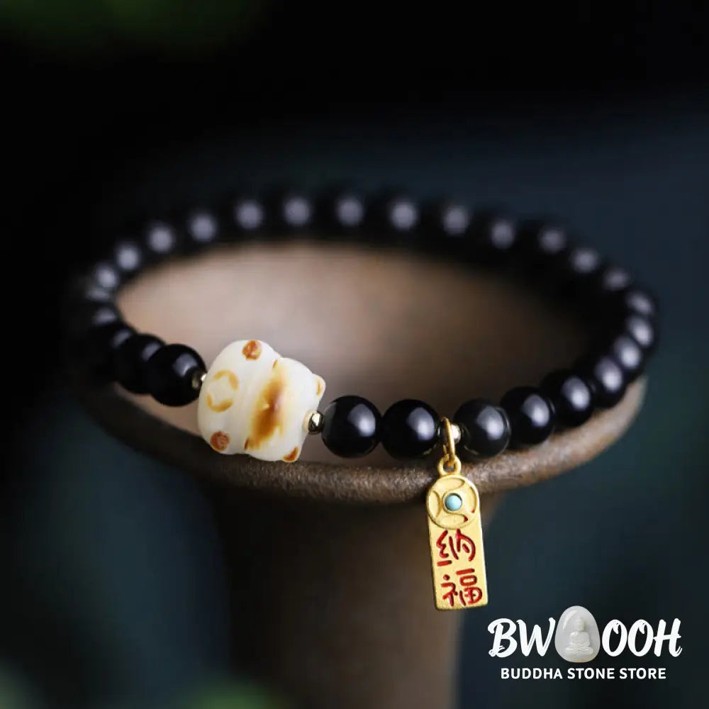 Buddha Stones Black Obsidian Cat Paw Bodhi Seed Lucky Fortune Charm Purification Bracelet - BWOOOH - 6mm Black