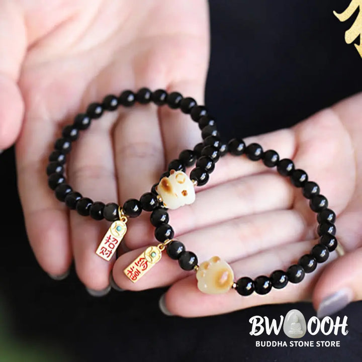 Buddha Stones Black Obsidian Cat Paw Bodhi Seed Lucky Fortune Charm Purification Bracelet - BWOOOH - 6mm Black