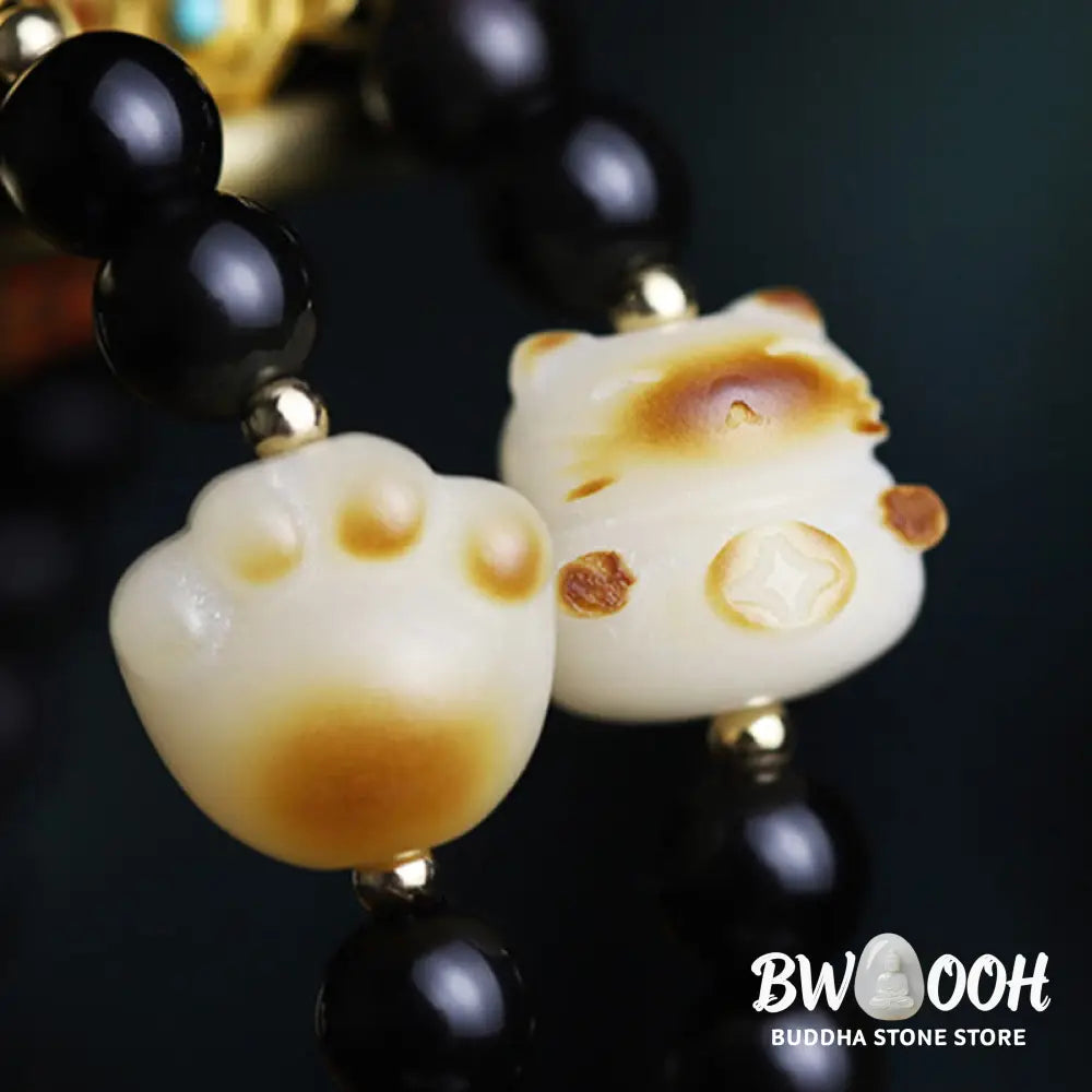 Buddha Stones Black Obsidian Cat Paw Bodhi Seed Lucky Fortune Charm Purification Bracelet - BWOOOH - 6mm Black