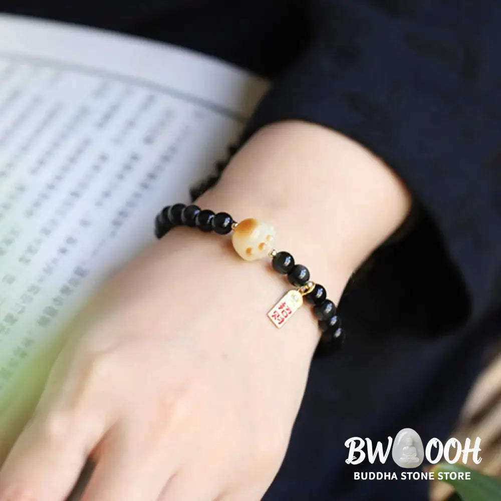 Buddha Stones Black Obsidian Cat Paw Bodhi Seed Lucky Fortune Charm Purification Bracelet - BWOOOH - 6mm Black