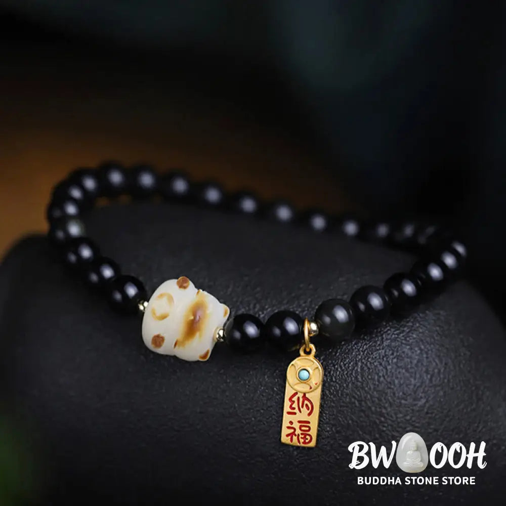 Buddha Stones Black Obsidian Cat Paw Bodhi Seed Lucky Fortune Charm Purification Bracelet - BWOOOH - 6mm Black