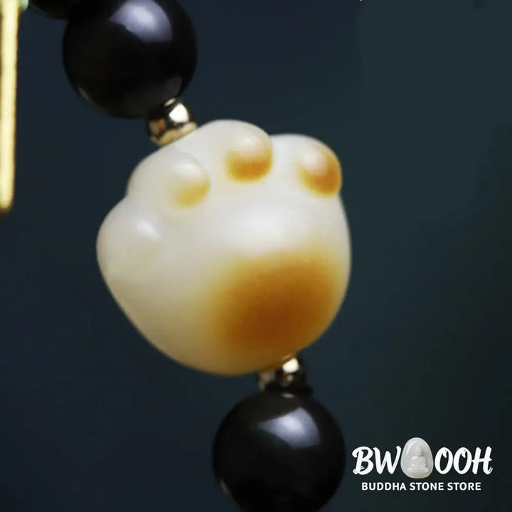 Buddha Stones Black Obsidian Cat Paw Bodhi Seed Lucky Fortune Charm Purification Bracelet - BWOOOH - 6mm Black