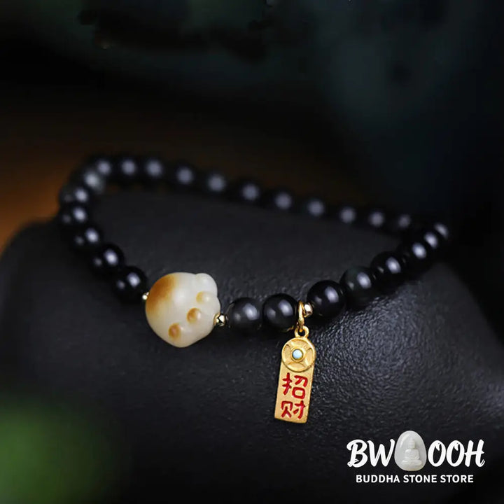 Buddha Stones Black Obsidian Cat Paw Bodhi Seed Lucky Fortune Charm Purification Bracelet - BWOOOH - 6mm Black