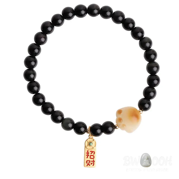 Buddha Stones Black Obsidian Cat Paw Bodhi Seed Lucky Fortune Charm Purification Bracelet - BWOOOH - 6mm Black