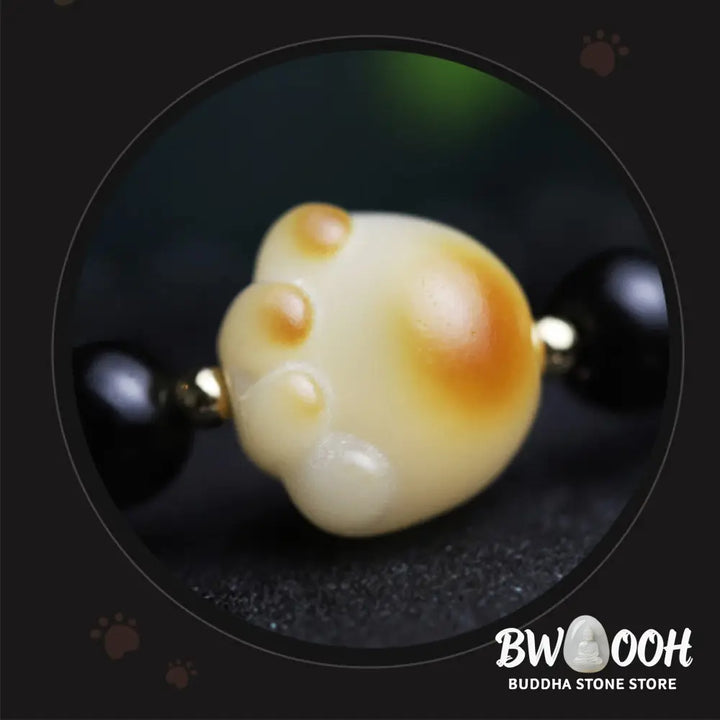Buddha Stones Black Obsidian Cat Paw Bodhi Seed Lucky Fortune Charm Purification Bracelet - BWOOOH - 6mm Black