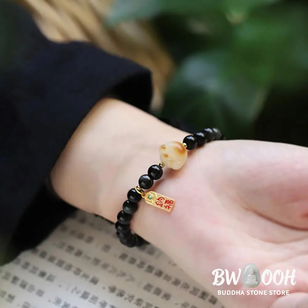 Buddha Stones Black Obsidian Cat Paw Bodhi Seed Lucky Fortune Charm Purification Bracelet - BWOOOH - 6mm Black