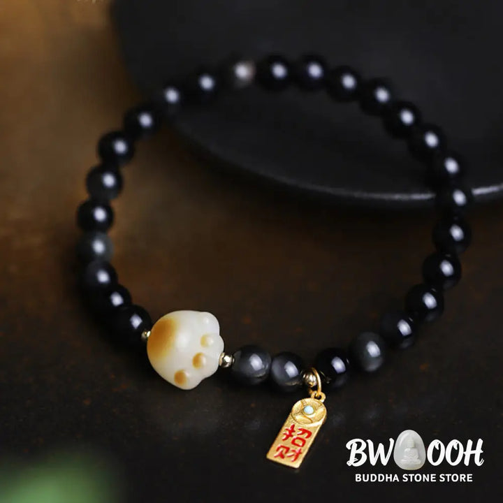 Buddha Stones Black Obsidian Cat Paw Bodhi Seed Lucky Fortune Charm Purification Bracelet - BWOOOH - 6mm Black