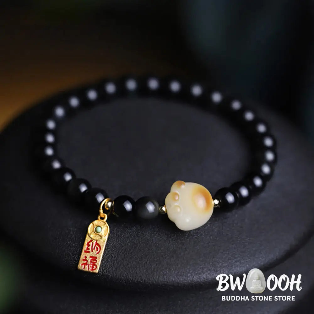 Buddha Stones Black Obsidian Cat Paw Bodhi Seed Lucky Fortune Charm Purification Bracelet - BWOOOH - 6mm Black