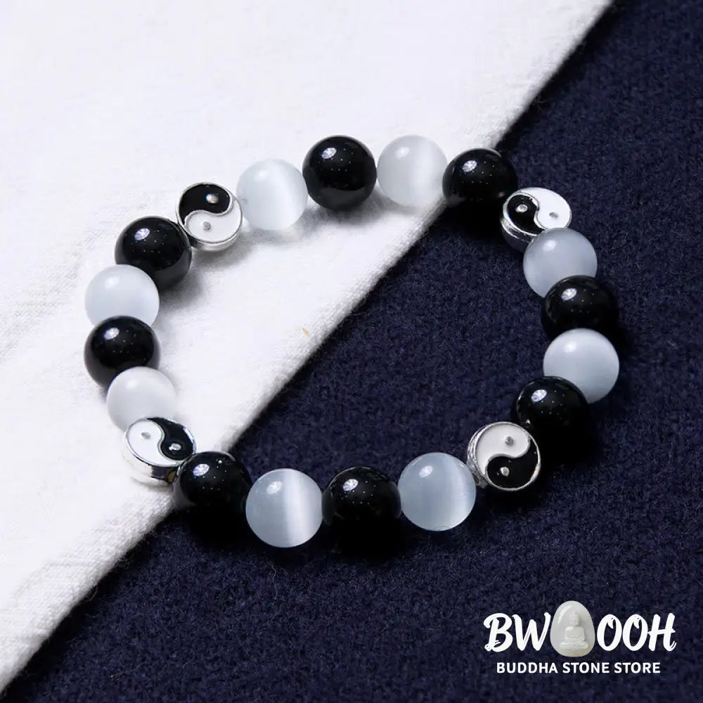 Buddha Stones Black Obsidian Cat’s Eye Yin Yang Purification Strength Bracelet - BWOOOH - Black Obsidian&amp;Cat’s