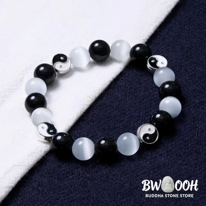Buddha Stones Black Obsidian Cat’s Eye Yin Yang Purification Strength Bracelet - BWOOOH - Black Obsidian&amp;Cat’s