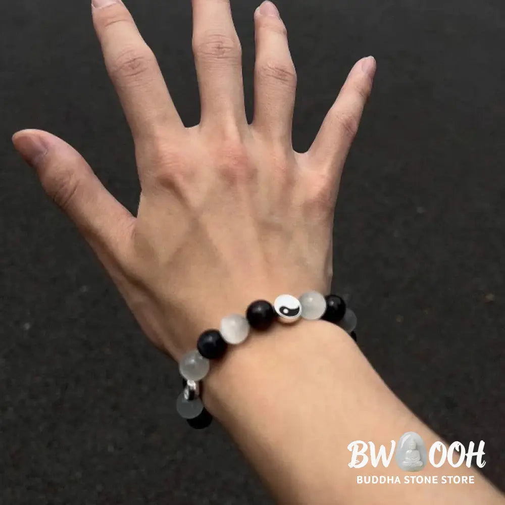 Buddha Stones Black Obsidian Cat’s Eye Yin Yang Purification Strength Bracelet - BWOOOH - Black Obsidian&amp;Cat’s