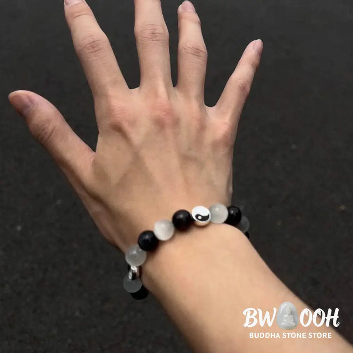Buddha Stones Black Obsidian Cat’s Eye Yin Yang Purification Strength Bracelet - BWOOOH - Black Obsidian&amp;Cat’s