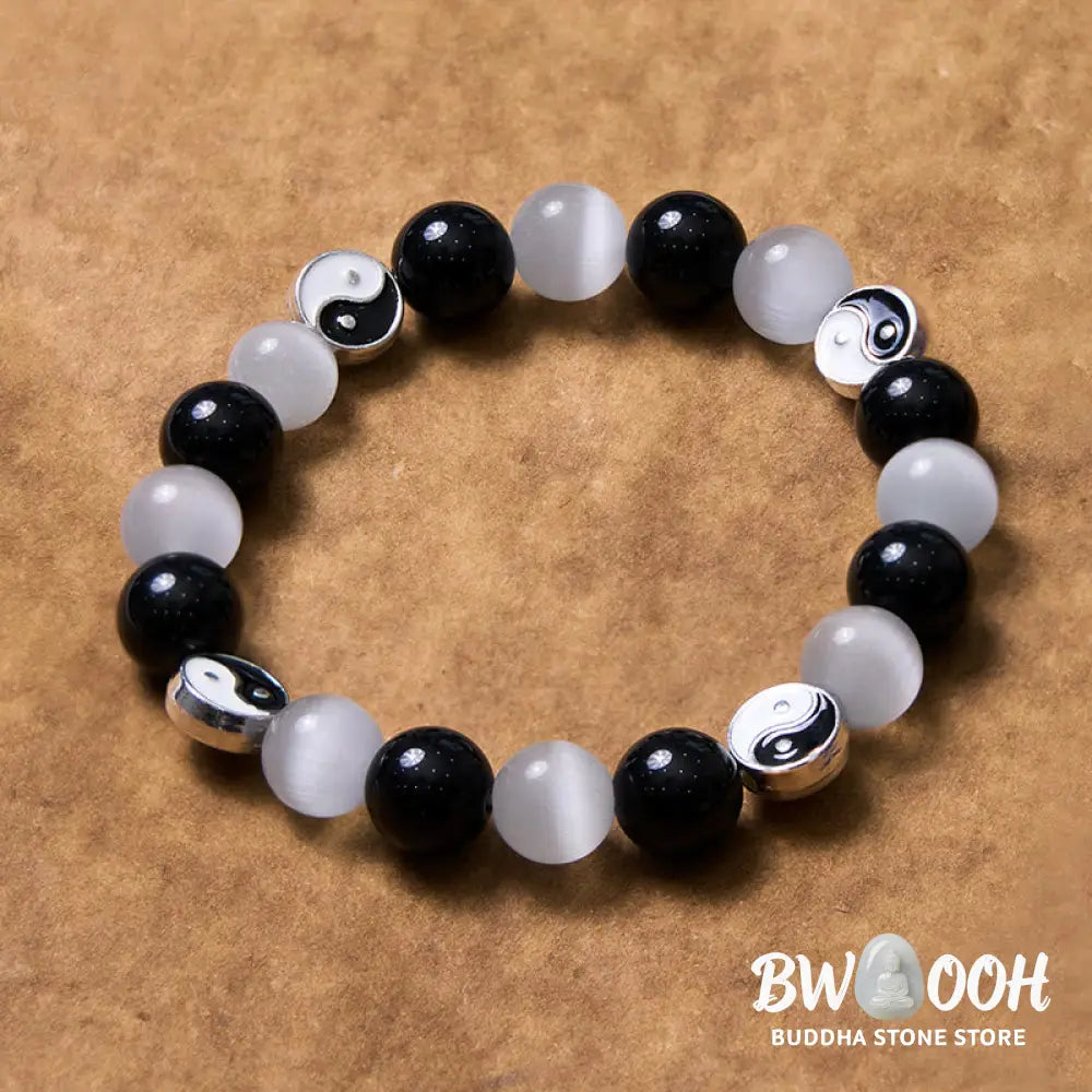Buddha Stones Black Obsidian Cat’s Eye Yin Yang Purification Strength Bracelet - BWOOOH - Black Obsidian&amp;Cat’s