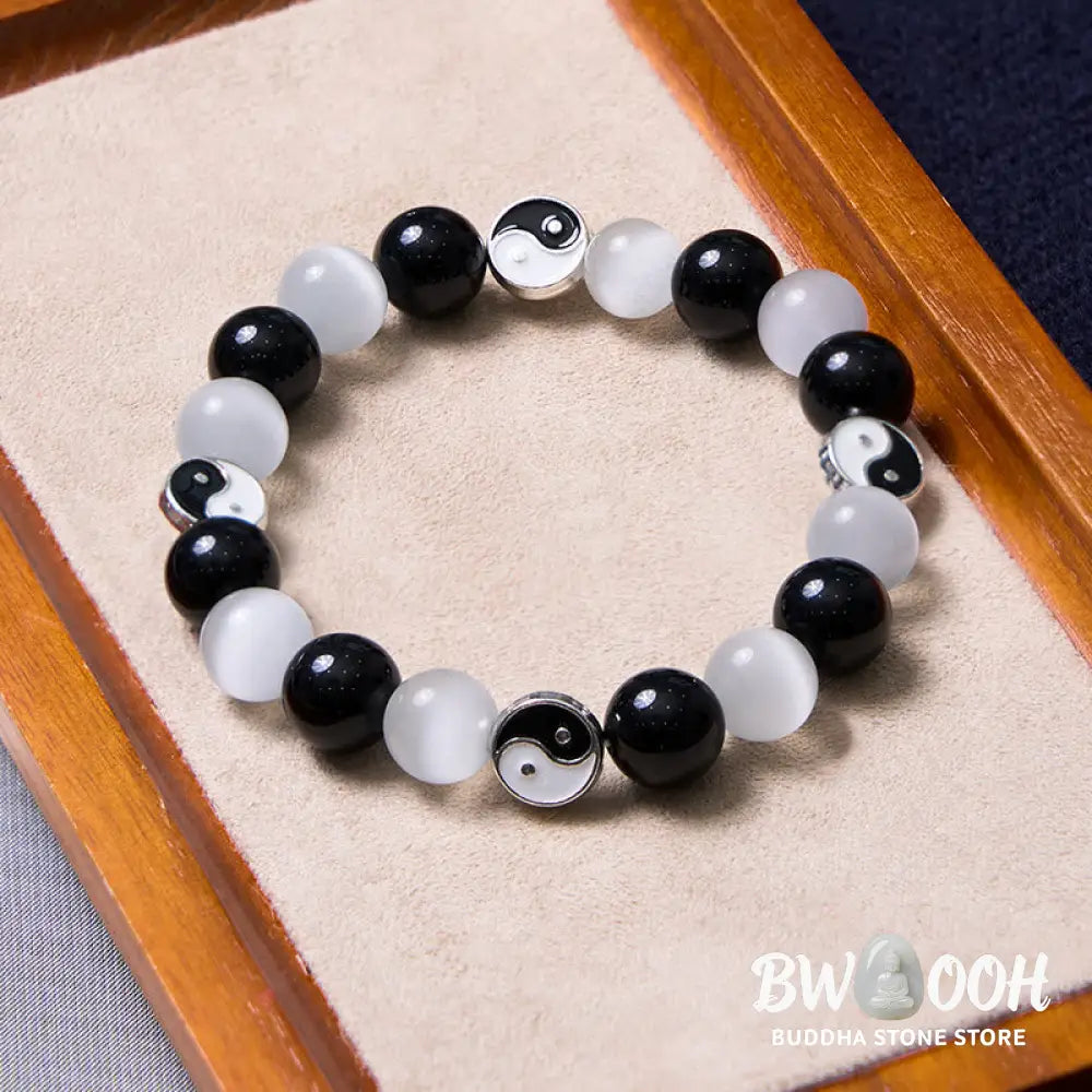 Buddha Stones Black Obsidian Cat’s Eye Yin Yang Purification Strength Bracelet - BWOOOH - Black Obsidian&amp;Cat’s