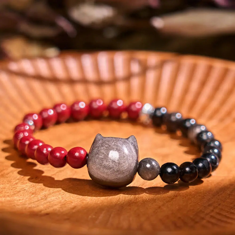 BWOOOH Black Obsidian Cinnabar Silver Sheen Obsidian Cat Fulfilment Bracelet - BWOOOH - Black Obsidian