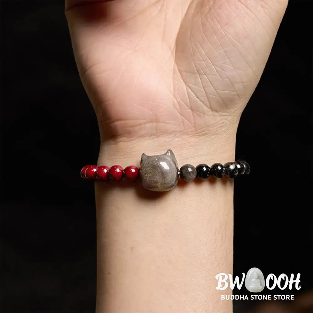 Buddha Stones Black Obsidian Cinnabar Silver Sheen Obsidian Cat Fulfilment Bracelet - BWOOOH - Black Obsidian