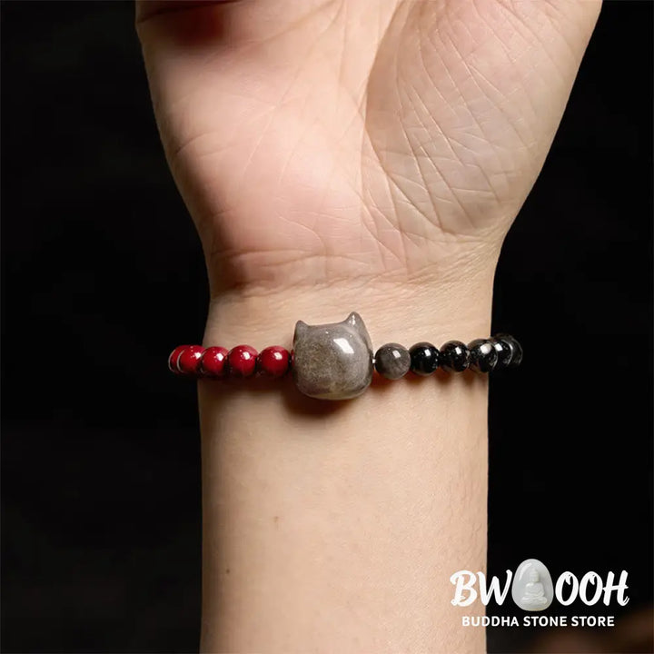 Buddha Stones Black Obsidian Cinnabar Silver Sheen Obsidian Cat Fulfilment Bracelet - BWOOOH - Black Obsidian