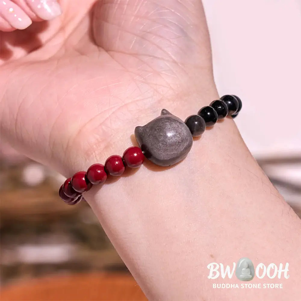 Buddha Stones Black Obsidian Cinnabar Silver Sheen Obsidian Cat Fulfilment Bracelet - BWOOOH - Black Obsidian