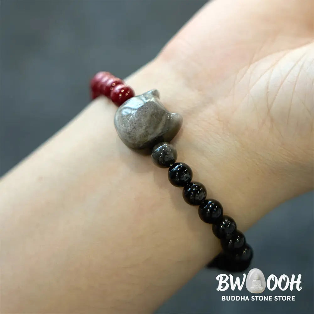 Buddha Stones Black Obsidian Cinnabar Silver Sheen Obsidian Cat Fulfilment Bracelet - BWOOOH - Black Obsidian
