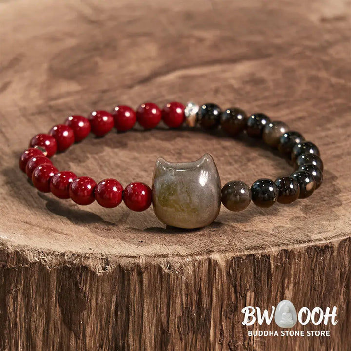 Buddha Stones Black Obsidian Cinnabar Silver Sheen Obsidian Cat Fulfilment Bracelet - BWOOOH - Black Obsidian