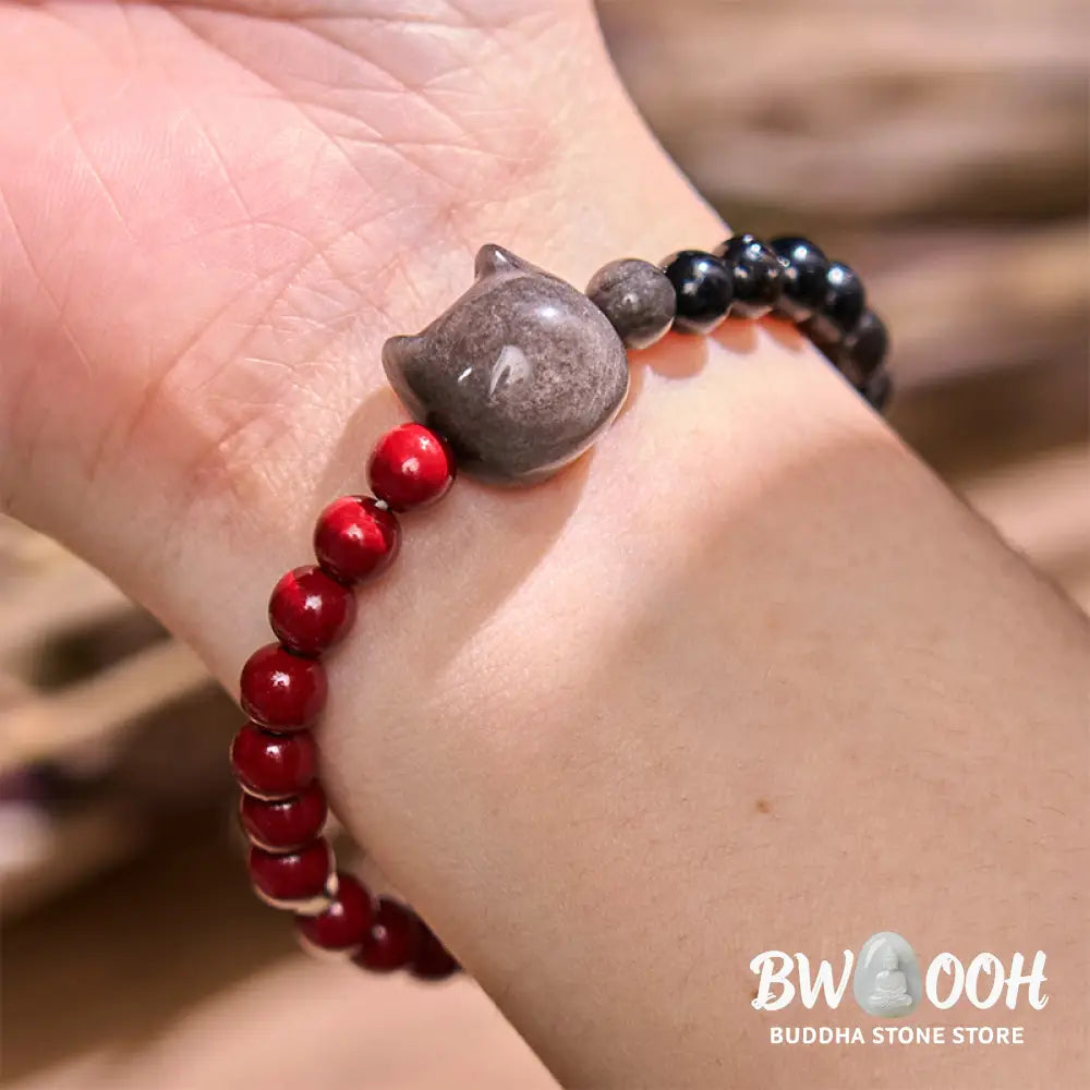 Buddha Stones Black Obsidian Cinnabar Silver Sheen Obsidian Cat Fulfilment Bracelet - BWOOOH - Black Obsidian