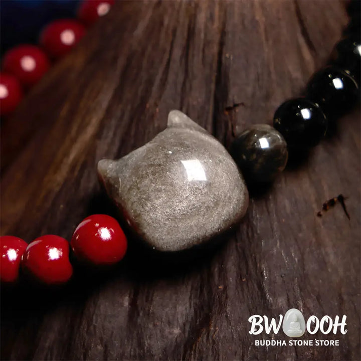 Buddha Stones Black Obsidian Cinnabar Silver Sheen Obsidian Cat Fulfilment Bracelet - BWOOOH - Black Obsidian