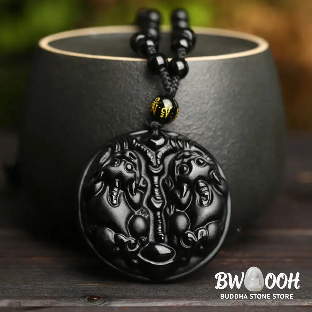 Buddha Stones Black Obsidian Double Pixiu Bead Rope Purification Necklace Pendant - BWOOOH - Black Obsidian - Necklaces