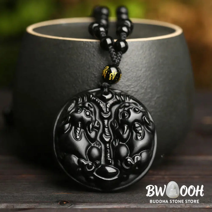 Buddha Stones Black Obsidian Double Pixiu Bead Rope Purification Necklace Pendant - BWOOOH - Black Obsidian - Necklaces