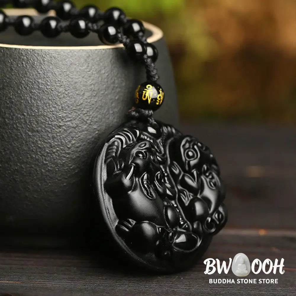 Buddha Stones Black Obsidian Double Pixiu Bead Rope Purification Necklace Pendant - BWOOOH - Black Obsidian - Necklaces