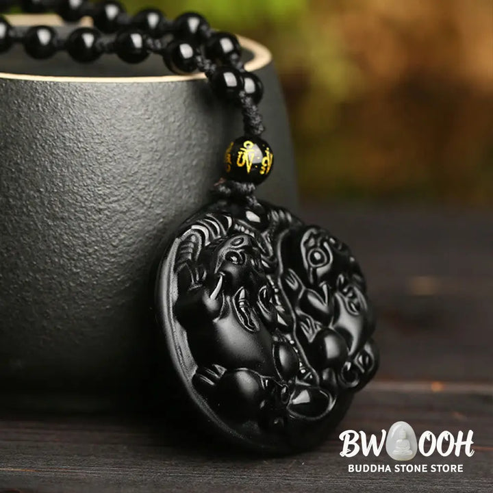 Buddha Stones Black Obsidian Double Pixiu Bead Rope Purification Necklace Pendant - BWOOOH - Black Obsidian - Necklaces