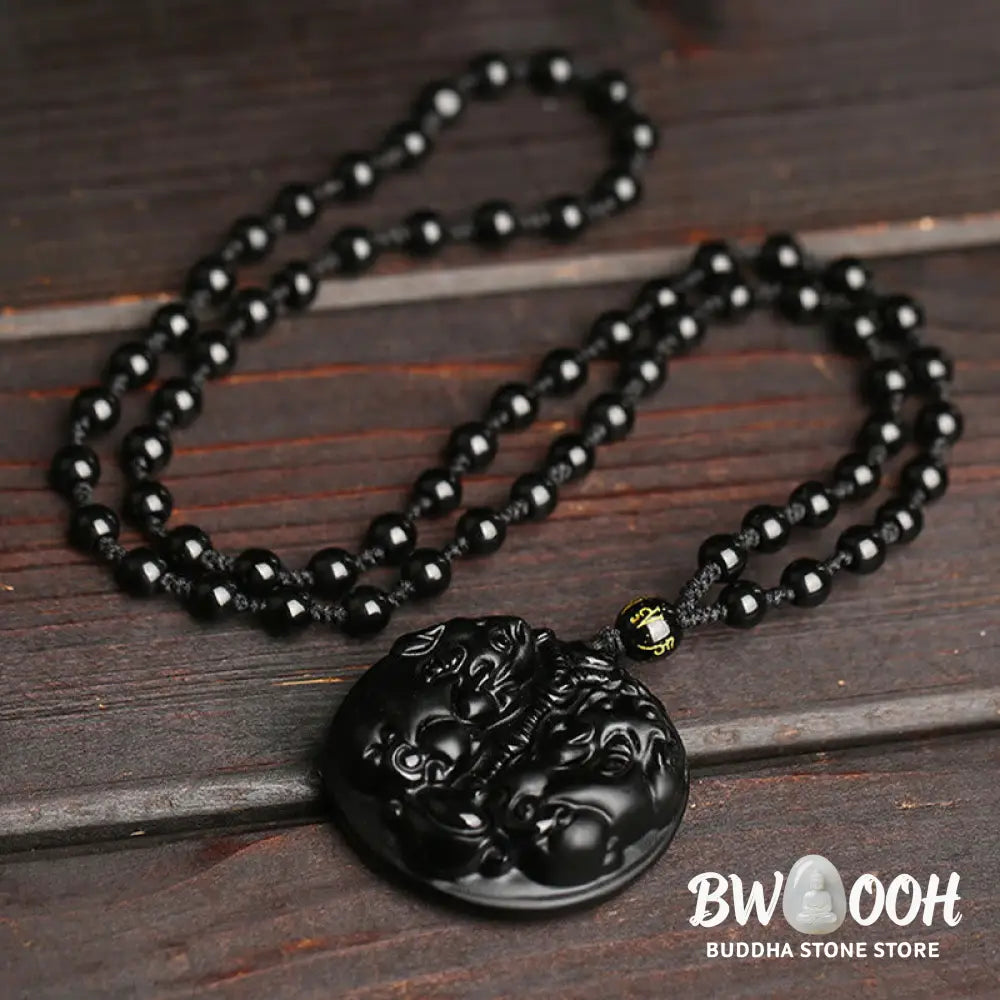 Buddha Stones Black Obsidian Double Pixiu Bead Rope Purification Necklace Pendant - BWOOOH - Black Obsidian - Necklaces